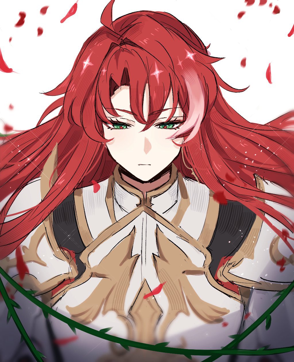 0089kuromame 1boy argenti_(honkai:_star_rail) armor closed_mouth falling_petals green_eyes hair_between_eyes highres honkai:_star_rail honkai_(series) long_hair male_focus petals plant red_hair shoulder_armor solo vines white_background