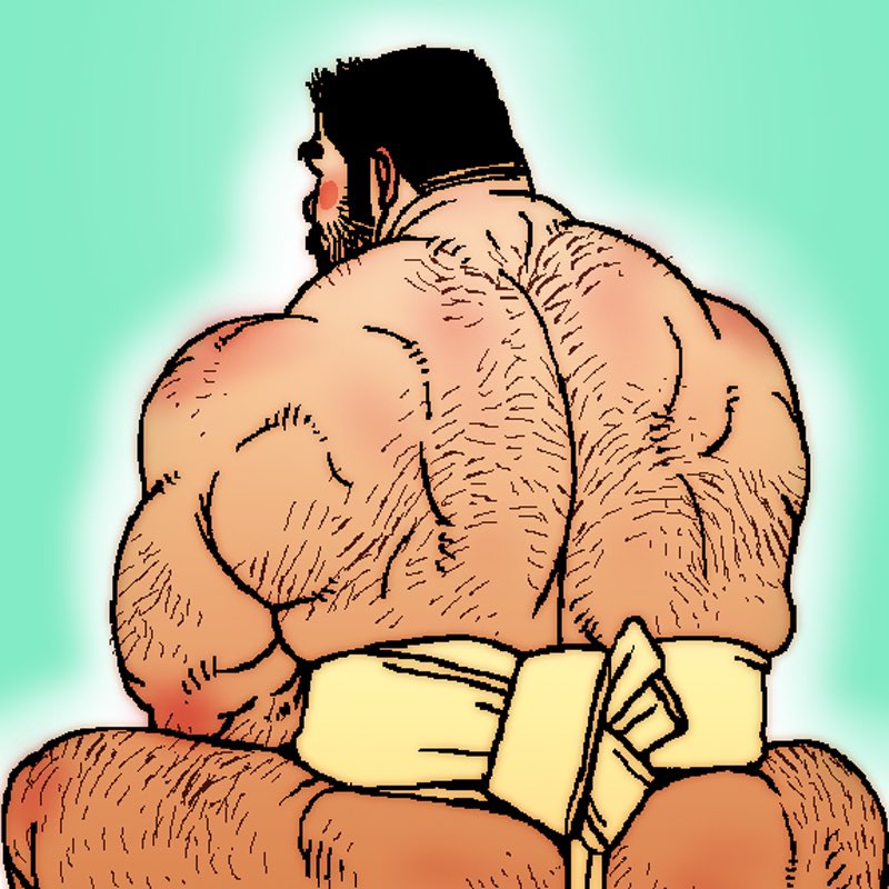 1boy ass back back_focus back_muscles bara beard_stubble blush cowboy_shot facial_hair facing_away from_behind hairy jiraiya_(mangaka) male_focus mature_male muscular muscular_male original sitting solo stubble sumo thick_arm_hair thick_back_hair thick_eyebrows thick_leg_hair