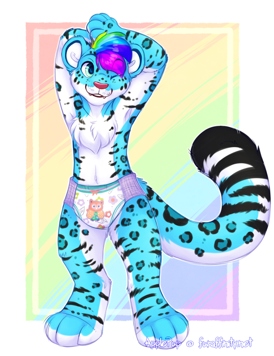 ambiguous_gender anthro applepup chest_tuft clothed clothing diaper fangs felid feline fur goodnites hair mammal multicolored_hair one_eye_closed paws pull-ups(diaper) rainbow_hair simple_background smile solo standing stripes teeth text topless tuft watermark white_fur wink