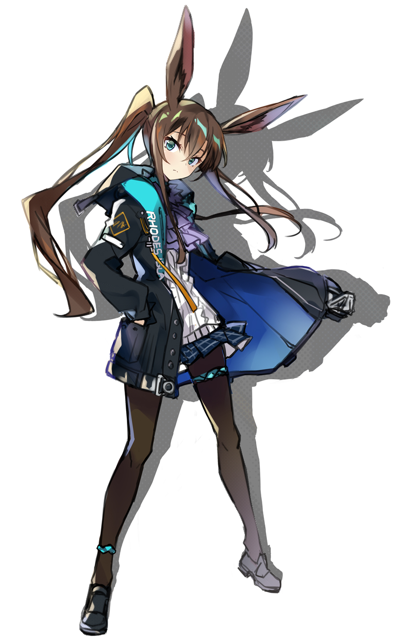 1girl amiya_(arknights) animal_ears arknights bangs black_footwear black_jacket blue_skirt brown_hair brown_legwear bunny_ears center_frills closed_mouth commentary_request drop_shadow frills full_body green_eyes hair_between_eyes hand_in_pocket hayakawa_harui head_tilt highres jacket loafers long_hair looking_at_viewer open_clothes open_jacket pantyhose pleated_skirt shirt shoes skirt solo standing very_long_hair white_background white_shirt