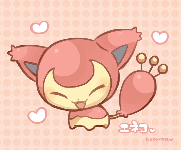 animal_focus closed_eyes commentary_request dot_nose fangs full_body happy heart kotorai no_humans open_mouth pink_background pokemon pokemon_(creature) polka_dot polka_dot_background signature skitty solo translation_request