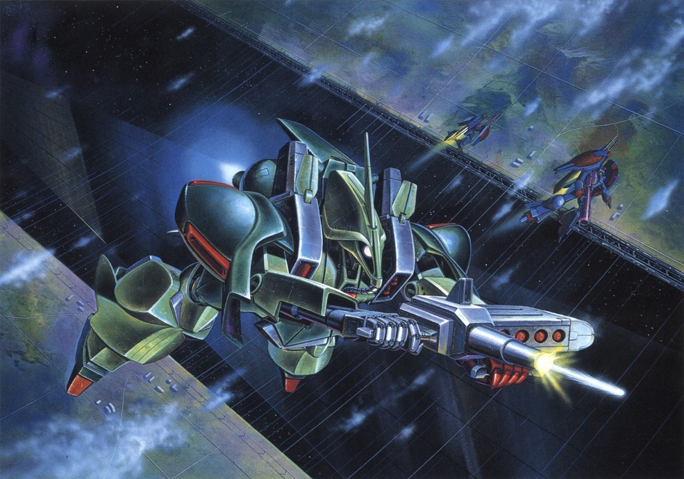 1980s_(style) battle beam_rifle box_art cityscape cloud debris energy_beam energy_gun firing galluss-j gaza-d gundam gundam_zz hasegawa_masayuki mecha missile_pod mobile_suit neo_zeon no_humans official_art one-eyed painting_(medium) promotional_art radio_antenna realistic retro_artstyle robot scan science_fiction space space_station third-party_source thrusters traditional_media vernier_thrusters weapon window