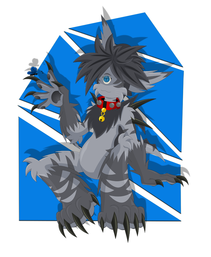 1_eye anthro arthropod bell bell_collar blue_eyes butterfly collar cute_expression cute_eyes deishun ears_back fan_character fur gradient_background grey_body grey_fur grey_hair hair insect lepidopteran male monster pivoted_ears simple_background sitting smile solo zarjhan_mary