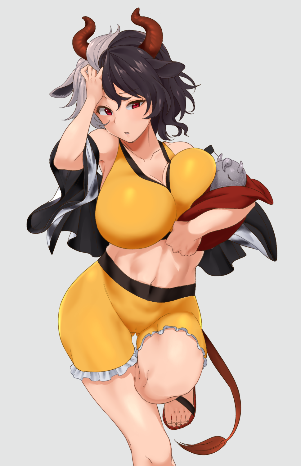 1girl animal_ears black_hair breasts cow_ears cow_horns cow_tail cowboy_shot frilled_shorts frills grey_background hand_on_head highres horns large_breasts midriff multicolored_hair navel red_eyes sandals short_hair shorts simple_background tail touhou toujou_(toujou_ramen) two-tone_hair ushizaki_urumi white_hair yellow_shorts