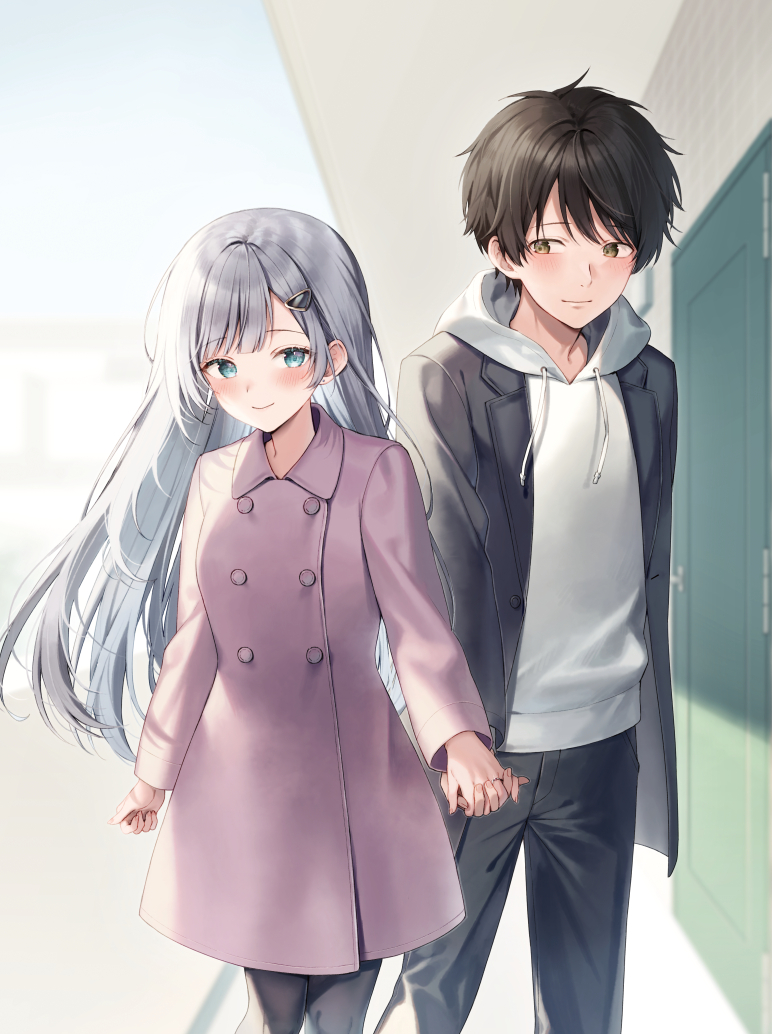 1boy 1girl black_hair black_jacket black_pants black_pantyhose blue_eyes blush brown_eyes building closed_mouth commentary day door drawstring grey_hair hair_ornament hairclip holding_hands hood hood_down hoodie jacket long_hair long_sleeves midorikawa_you open_clothes open_jacket original outdoors pants pantyhose purple_jacket smile symbol-only_commentary very_long_hair white_hoodie