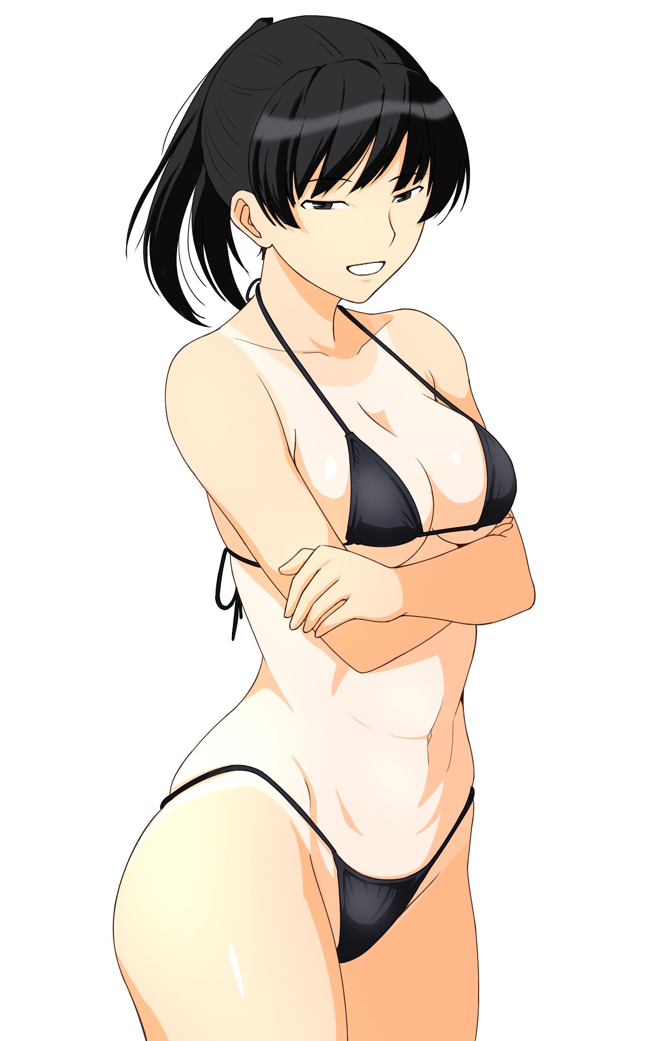 1girl amagami bikini black_bikini black_eyes breasts collarbone cowboy_shot crossed_arms grin halterneck hanaguma highres looking_at_viewer medium_breasts navel ponytail short_hair simple_background smile solo string_bikini swimsuit tan tanlines tsukahara_hibiki white_background