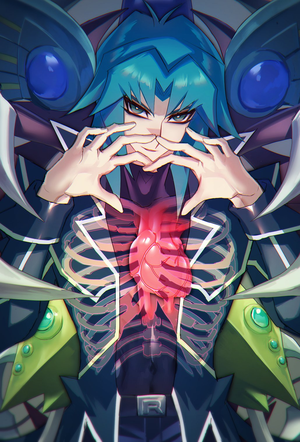 1boy belt black_coat blue_hair coat commentary eyelashes eyeshadow finger_heart grey_eyes heart heart_(organ) highres long_hair long_sleeves looking_at_viewer makeup marufuji_ryou nodo_sn parted_lips ribs skeleton solo yu-gi-oh! yu-gi-oh!_gx