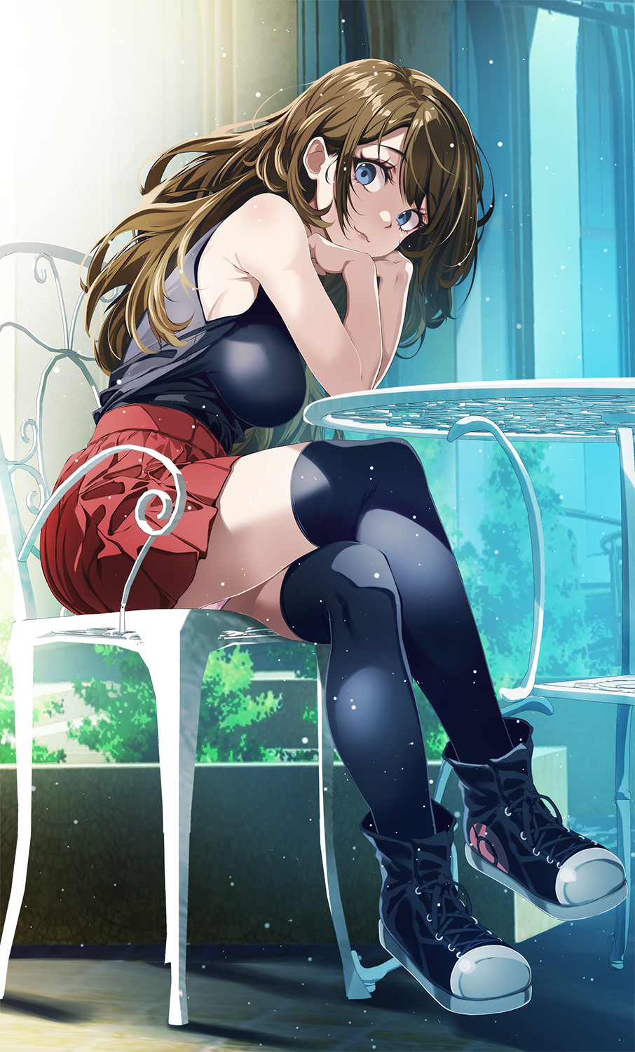 1girl black_footwear black_shirt black_thighhighs blue_eyes breasts brown_hair chair closed_mouth commentary_request crossed_legs from_side full_body hands_on_own_chin highres large_breasts long_hair pokemon pokemon_xy red_skirt serena_(pokemon) shirt shoes sitting skirt sleeveless sleeveless_shirt smile sneakers solo table thighhighs tsukishiro_saika