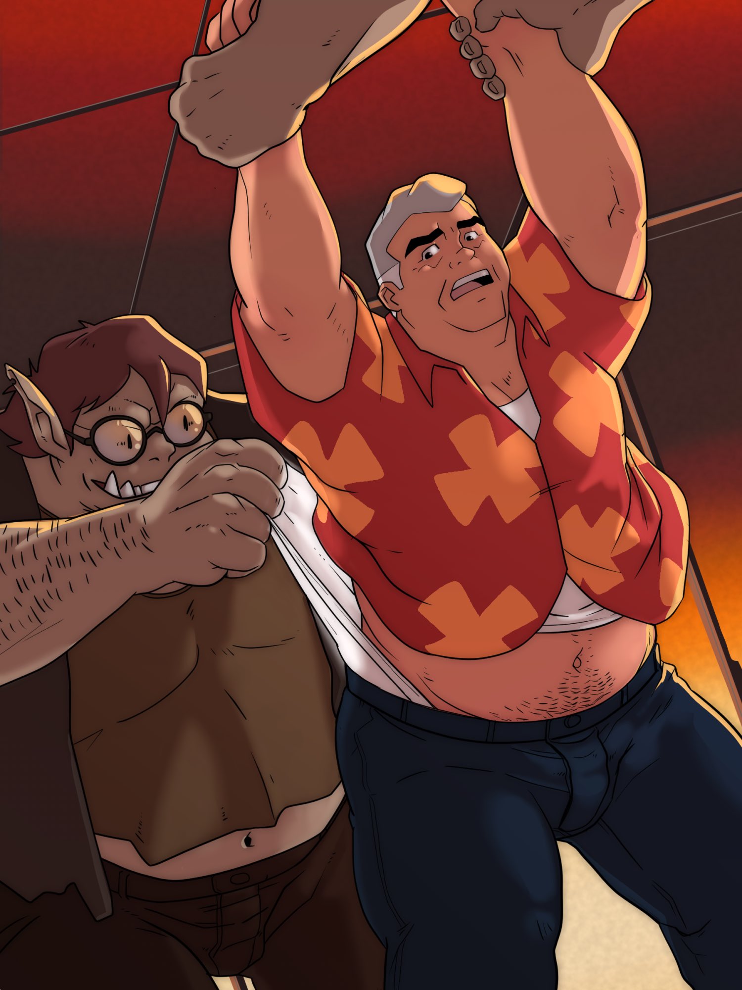 2022 anthro ben_10 bottomwear bulge cartoon_network clothing eyewear glasses group hi_res human humanoid humanoid_hands male mammal mature_male max_tennyson musclegut muscular navel overweight overweight_male pants picsontop shirt topwear unknown_character wedgie
