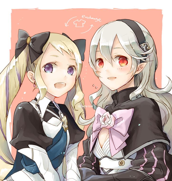 2girls armor blonde_hair blue_cape breasts cape cosplay costume_switch drill_hair elise_(fire_emblem_if) elise_(fire_emblem_if)_(cosplay) female_my_unit_(fire_emblem_if) fire_emblem fire_emblem_if gloves hair_between_eyes hair_ornament hairband long_hair mamkute multiple_girls my_unit my_unit_(cosplay) my_unit_(fire_emblem_if) pointy_ears red_eyes robaco siblings silver_hair simple_background sisters twin_drills twintails white_background white_hair yellow_eyes