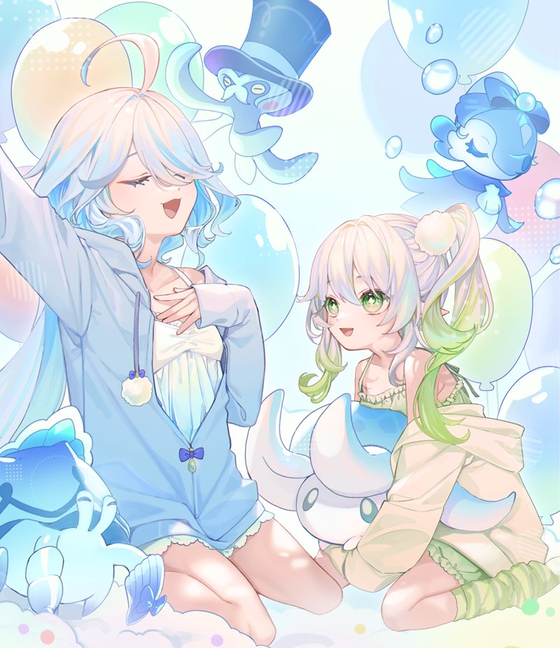 2girls balloon blue_hair blue_hoodie closed_eyes cross-shaped_pupils dress fungi_(genshin_impact) furina_(genshin_impact) genshin_impact gentilhomme_usher green_dress green_hair green_hood heterochromia hood hoodie long_hair mademoiselle_crabaletta multiple_girls nahida_(genshin_impact) open_mouth rin_gotarou surintendante_chevalmarin symbol-shaped_pupils white_dress white_hair