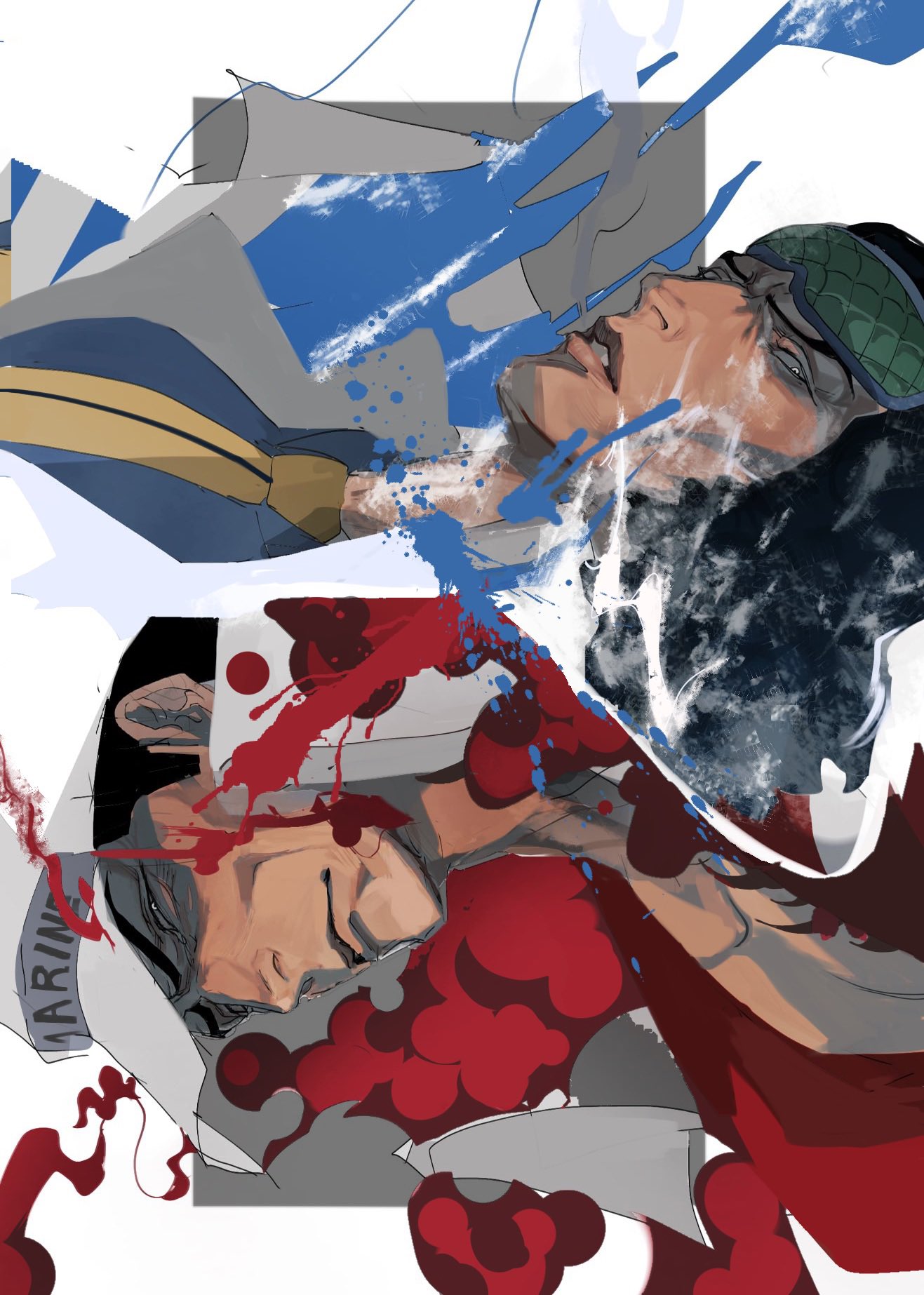 2boys black_hair blue_shirt clothes_writing hat high_collar highres icing kkrk_op kuzan_(aokiji) lava looking_at_another male_focus marine_uniform_(one_piece) medium_hair multiple_boys one_piece open_clothes peaked_cap portrait red_shirt sakazuki_(akainu) shirt short_hair sleep_mask