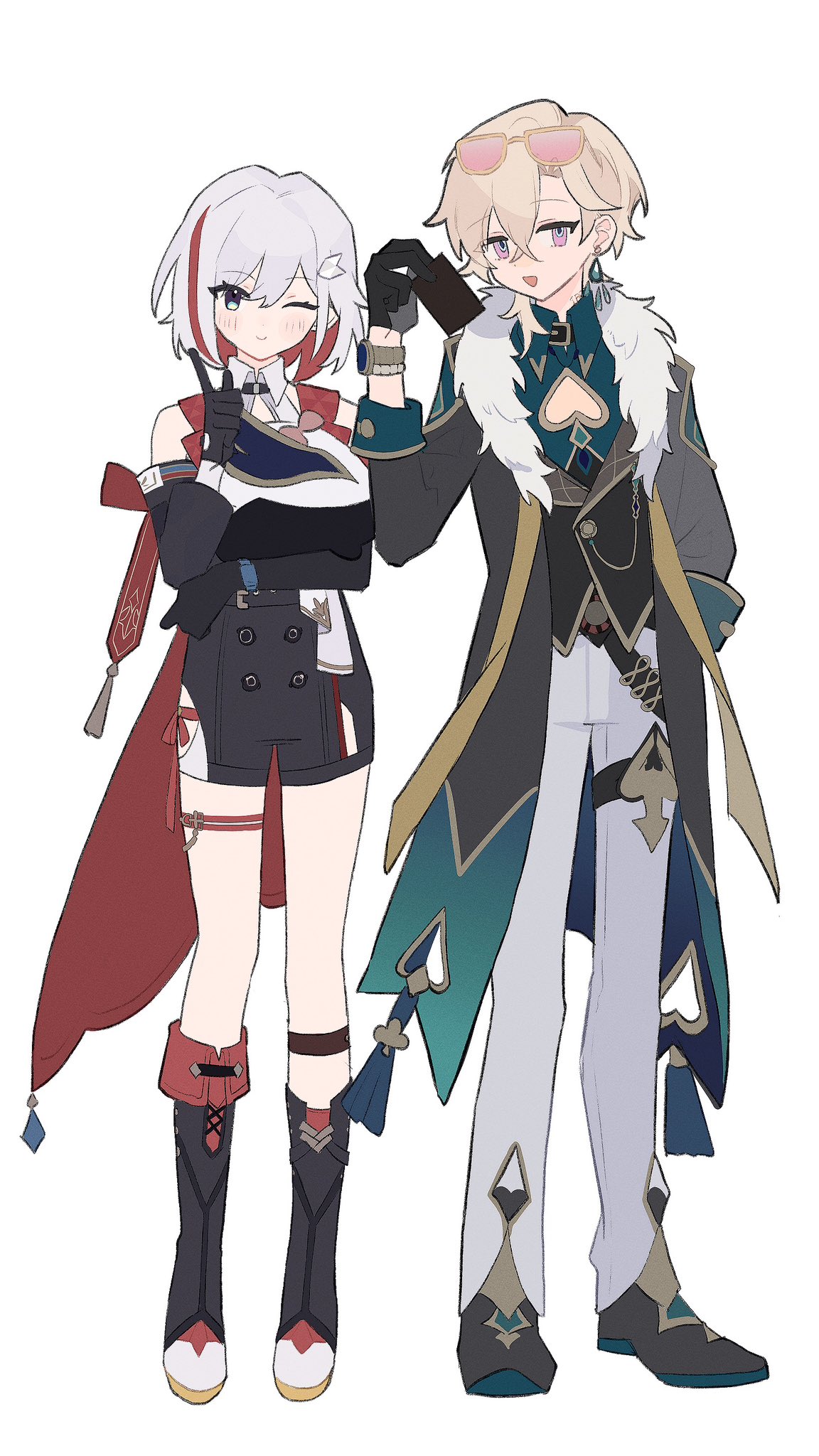 1boy 1girl aqua_shirt aventurine_(honkai:_star_rail) black_footwear black_jacket black_unitard blonde_hair blue_eyes clothing_cutout collared_shirt detached_sleeves earrings full_body fur_trim grey_hair hair_between_eyes hakusaibc highres holding honkai:_star_rail honkai_(series) jacket jewelry multicolored_hair numby_(honkai:_star_rail) one_eye_closed open_mouth pants purple_eyes red_hair shirt short_hair simple_background split-color_hair standing streaked_hair thigh_strap topaz_(honkai:_star_rail) trotter_(honkai:_star_rail) two-tone_hair unitard white_background white_pants