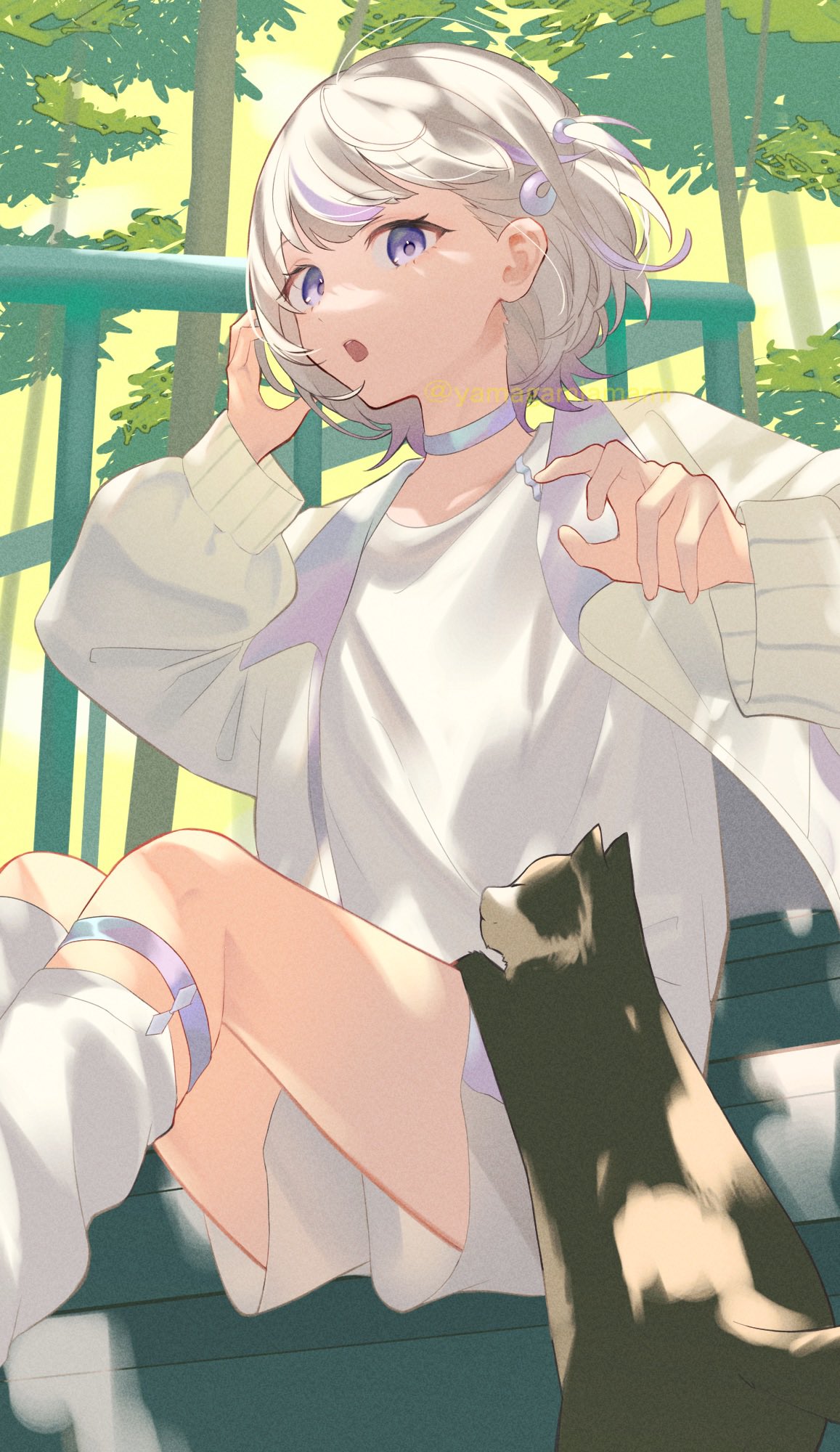1girl :o cat choker collarbone dappled_sunlight day feet_out_of_frame forest from_side gradient_hair hair_behind_ear hand_in_own_hair highres hololive hololive_dev_is jacket long_sleeves looking_at_viewer loose_socks multicolored_hair nature open_clothes open_jacket open_mouth outdoors purple_eyes purple_hair railing shirt short_hair shorts sidelocks sitting sitting_on_stairs socks solo stairs sunlight todoroki_hajime tree virtual_youtuber white_choker white_hair white_jacket white_shirt white_shorts white_socks yamagamiamami