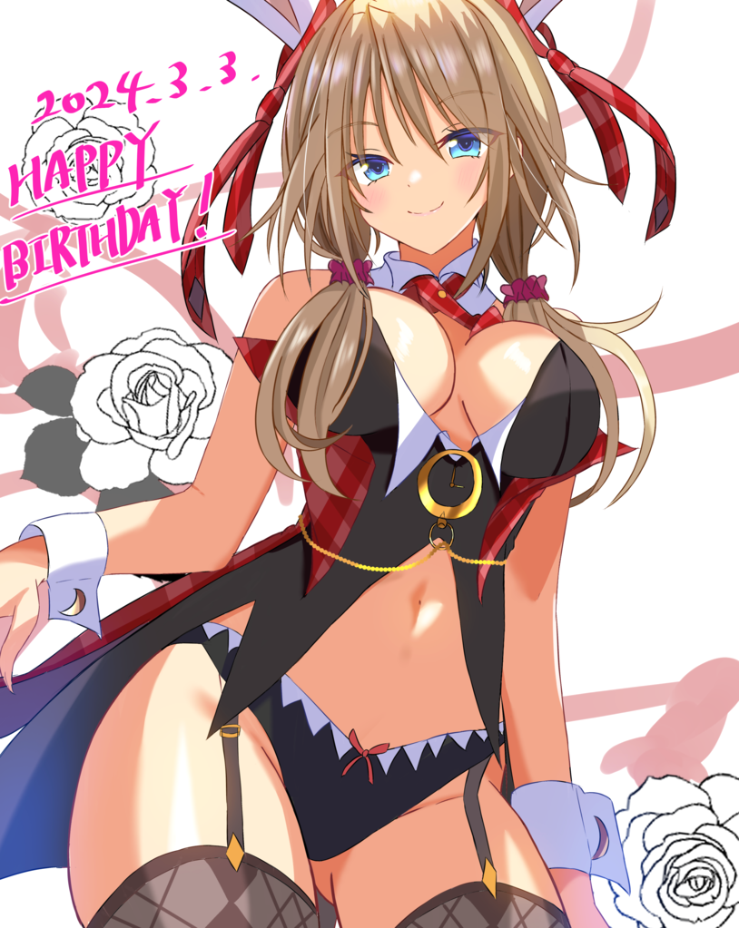 1girl 2024 animal_ears arm_at_side ass_visible_through_thighs bare_shoulders black_panties blonde_hair blue_eyes blush breasts cleavage closed_mouth commentary_request cowboy_shot dated detached_collar eyes_visible_through_hair flower hair_ornament hair_ribbon hair_scrunchie happy_birthday hapymaher large_breasts long_hair looking_at_viewer low_twintails navel neck_ribbon nontraditional_playboy_bunny panties pink_scrunchie plaid plaid_ribbon rabbit_ears rabbit_girl red_ribbon ribbon rose sakuratoru scrunchie shiny_skin simple_background smile solo split_mouth tsurime twintails underwear white_background white_flower white_rose white_wrist_cuffs wrist_cuffs yayoi_b_lutwidge