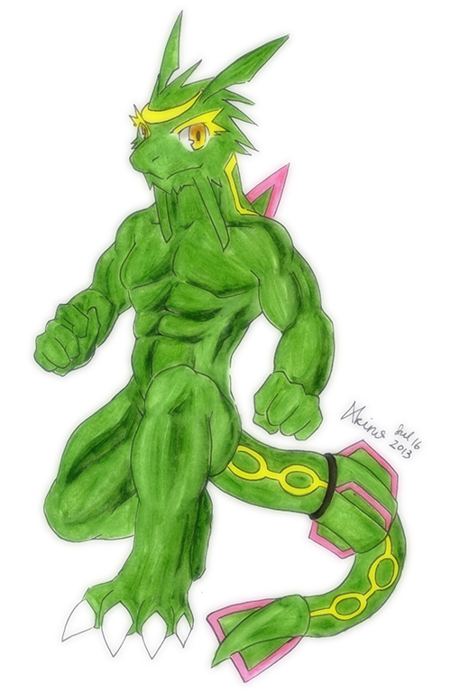 2013 abs akino-kamihara anthro colored_sketch convenient_censorship generation_3_pokemon holding_fist kneeling legendary_pokemon looking_at_viewer male muscular muscular_male nintendo nude pecs pokemon pokemon_(species) rayquaza signature sketch smile smiling_at_viewer solo