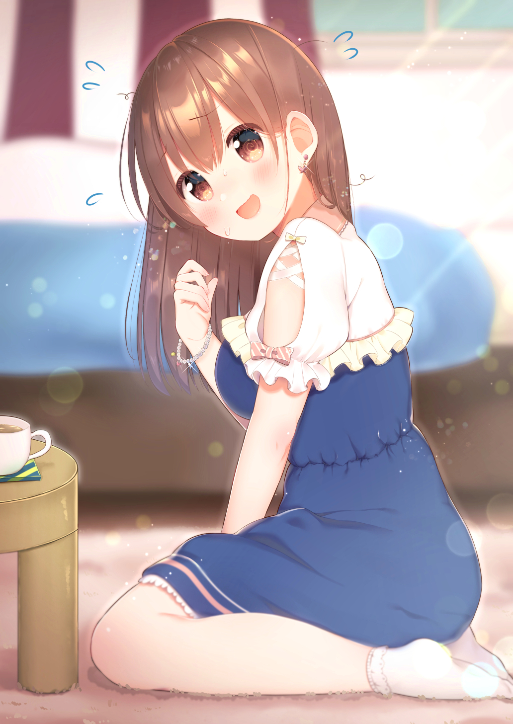 1girl @_@ aizawa85 bangs bed blue_dress blurry blurry_background blush bobby_socks bow bracelet brown_eyes brown_hair butterfly_earrings commentary_request cup depth_of_field diagonal_stripes dress earrings eyebrows_visible_through_hair fingernails flying_sweatdrops frilled_dress frills glint hair_between_eyes hand_up highres indoors jewelry long_hair no_shoes on_floor original pearl_bracelet puffy_short_sleeves puffy_sleeves shirt short_sleeves sitting socks solo striped striped_bow table wariza white_legwear white_shirt