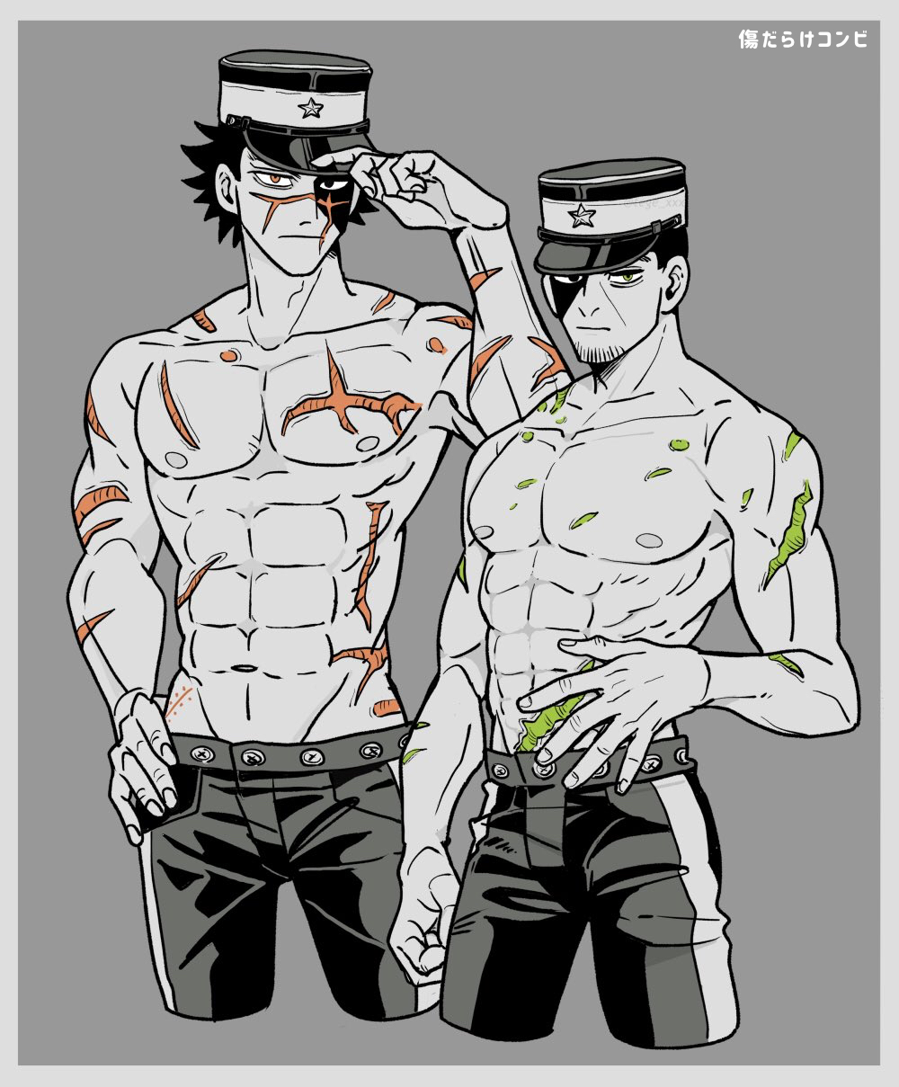 2boys abs cropped_legs golden_kamuy greyscale hat highres kepi male_focus military_hat monochrome multiple_boys multiple_scars navel nipples partially_shaded_face pectorals scar scar_on_cheek scar_on_face scar_on_nose short_hair spot_color standing stomach sugimoto_saichi tege_(tege_xxx) toned toned_male topless_male tsukishima_hajime