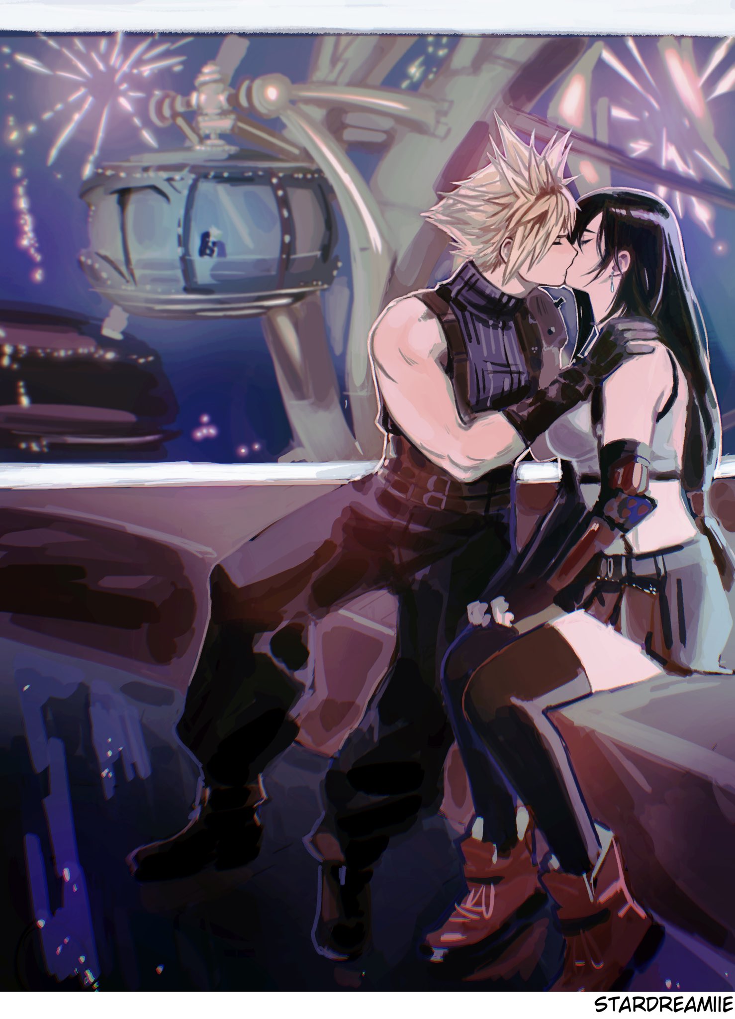 1boy 1girl armor artist_name baggy_pants belt belt_buckle black_gloves black_hair black_skirt black_thighhighs blonde_hair boots border breasts buckle closed_eyes cloud_strife commentary couple crop_top earrings elbow_gloves english_commentary final_fantasy final_fantasy_vii final_fantasy_vii_rebirth final_fantasy_vii_remake fireworks from_side full_body gloves gondola hands_on_another's_shoulders highres jewelry kiss large_breasts long_hair low-tied_long_hair multiple_belts night night_sky pants profile red_footwear ribbed_sweater short_hair shoulder_armor single_bare_shoulder single_earring sitting skirt sky sleeveless sleeveless_turtleneck spiked_hair stardreamiie suspender_skirt suspenders sweater tank_top thighhighs tifa_lockhart turtleneck turtleneck_sweater white_border white_tank_top zettai_ryouiki