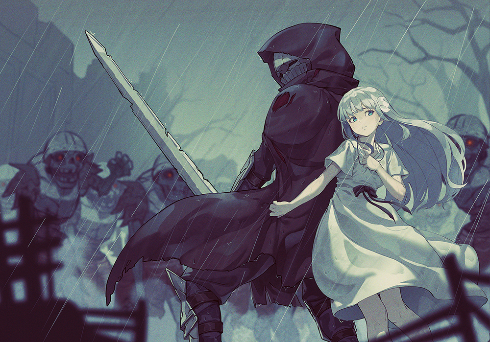 1boy 1girl armor back-to-back bare_tree black_cloak c-eye cloak commission dress ender_lilies_quietus_of_the_knights holding holding_sword holding_weapon hood hood_up hooded_cloak knight lily_(ender_lilies) long_hair outdoors pixiv_commission rain sword tree umbral_knight_(ender_lilies) undead weapon white_dress white_hair