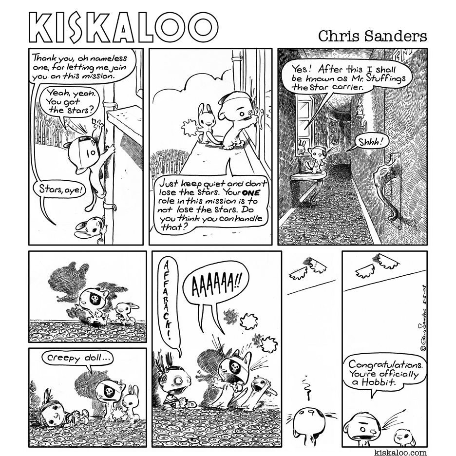 ambiguous_gender anthro black_and_white chris_sanders comic detailed_background dialogue domestic_cat duo felid feline felis group hatching_(art) human inside kiskaloo lagomorph leporid mammal monochrome mr._stuffings_(kiskaloo) ogo_(kiskaloo) rabbit scared screen screen_face shaded speech_bubble toony trio