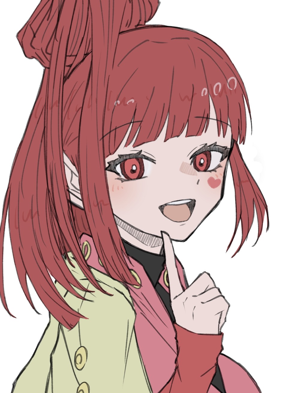 1girl blunt_bangs earrings gnosia happy heart heart_earrings heart_tattoo high_ponytail highres jewelry long_hair long_sleeves looking_at_viewer nail_polish open_mouth red_eyes red_hair simple_background smile solo sq_(gnosia) tattoo upper_body user_wahs4747