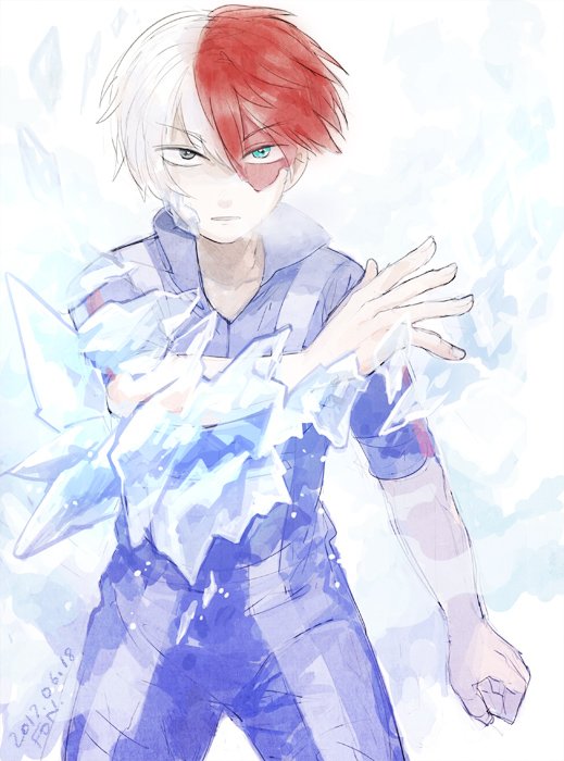 1boy blue_bodysuit blue_eyes bodysuit boku_no_hero_academia burn_scar dated fingerless_gloves fon-due_(fonfon) gloves hair_between_eyes ice looking_at_viewer male_focus multicolored_hair parted_lips red_hair scar scar_across_eye short_hair solo split-color_hair todoroki_shouto two-tone_hair u.a._gym_uniform white_background white_hair