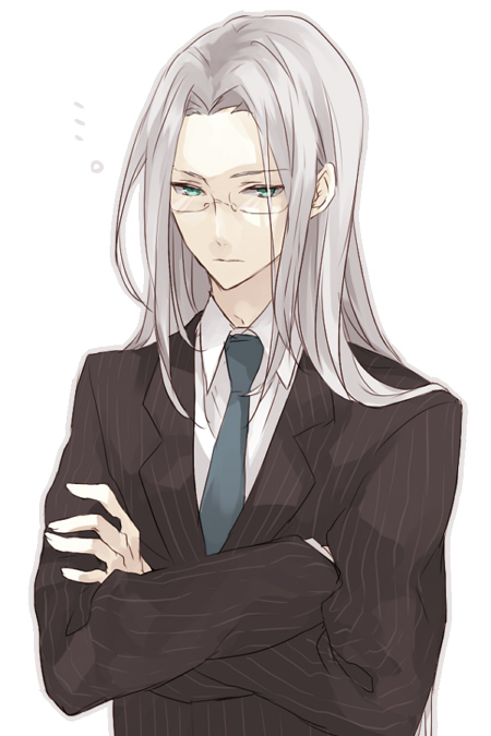 ... 1boy alternate_costume bisukorokoro black_suit blue_necktie crossed_arms dress_shirt expressionless final_fantasy final_fantasy_vii formal glasses green_eyes grey_hair long_bangs long_hair looking_to_the_side male_focus necktie parted_bangs sephiroth shirt simple_background solo striped_suit suit third-party_source upper_body white_background white_shirt