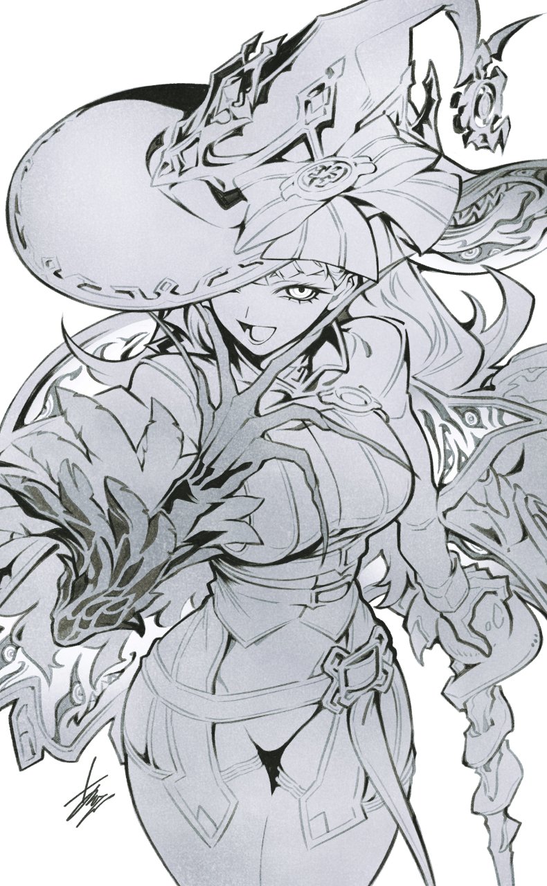 1girl arikanrobo breasts claws cowboy_shot diabellze_of_the_original_sin dress duel_monster eye_of_horus gloves greyscale hat highres large_breasts long_hair monochrome multicolored_hair open_mouth smile solo staff streaked_hair white_background witch_hat yu-gi-oh!