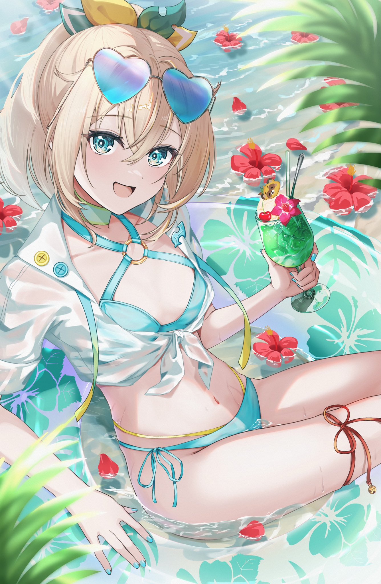 1girl :d alternate_costume aqua_eyes aqua_nails bikini blonde_hair breasts commentary_request eyewear_on_head flower heart heart-shaped_eyewear hibiscus highres hololive in_water innertube kazama_iroha leg_ribbon long_hair looking_at_viewer nail_polish navel o-ring o-ring_top piyottorabitto ponytail ribbon shirt side-tie_bikini_bottom small_breasts smile solo sunglasses swim_ring swimsuit tied_shirt tinted_eyewear virtual_youtuber water wet wet_clothes wet_shirt white_shirt