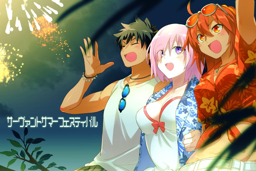 1boy 2girls ahoge bare_shoulders black_hair blue_shirt breasts cleavage closed_eyes collarbone dress_swimsuit echo_(circa) eyewear_hang eyewear_on_head fate/grand_order fate_(series) fireworks floral_print fujimaru_ritsuka_(female) fujimaru_ritsuka_(female)_(tropical_summer) fujimaru_ritsuka_(male) fujimaru_ritsuka_(male)_(tropical_summer) hair_ornament hair_over_one_eye hair_scrunchie hawaiian_shirt jewelry large_breasts mash_kyrielight mash_kyrielight_(swimsuit_of_perpetual_summer) medium_breasts midriff multiple_girls necklace night night_sky one-piece_swimsuit one_side_up open_mouth orange_eyes orange_hair orange_scrunchie pink_hair purple_eyes red_shirt scrunchie shirt short_hair short_shorts short_sleeves shorts sky sunglasses swimsuit tan tank_top tied_shirt translation_request unworn_eyewear white_shorts white_tank_top