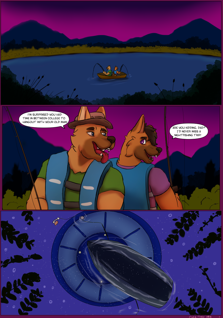 anthro boat comic duo father_(lore) fishing flying_saucer hi_res lake male male/male parent_(lore) pickles-hyena son_(lore) underwater vehicle water watercraft