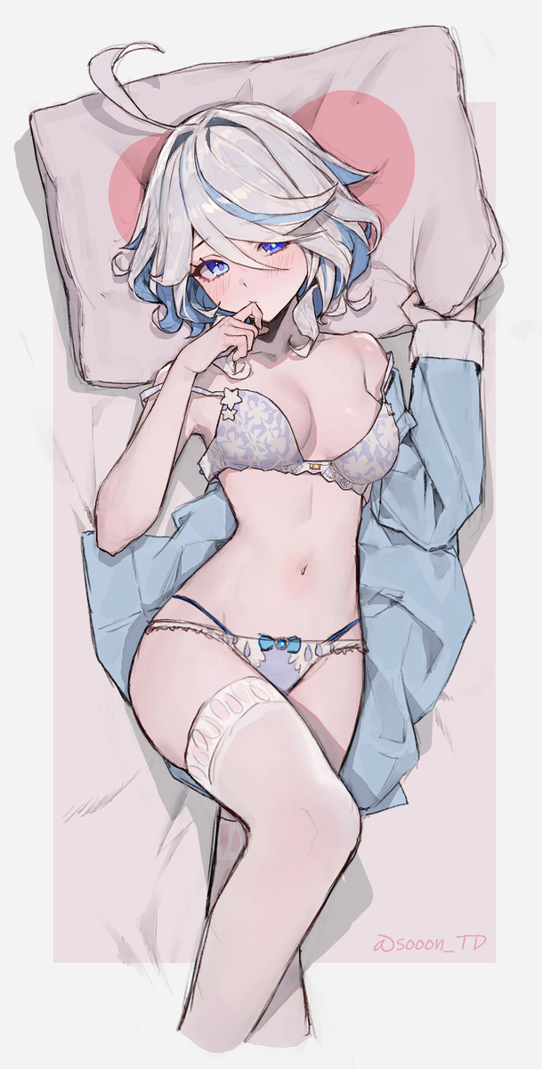 1girl ahoge bad_source bed_sheet blue_eyes blue_hair blue_shirt blush bow bow_panties bra breasts commentary_request drop-shaped_pupils furina_(genshin_impact) genshin_impact grey_hair head_on_pillow heart heart_print highres looking_at_viewer lying medium_breasts multicolored_hair multiple_views navel panties shirt short_hair sooon stomach symbol-shaped_pupils thighhighs underwear white_bra white_thighhighs