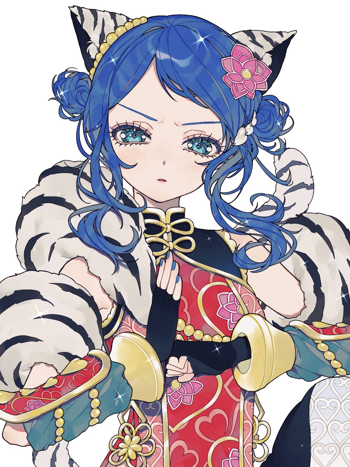 1girl animal_ears animal_print ao_(ao0_0nemu) bad_id bad_twitter_id black_gloves blue_eyes blue_hair blue_nails cat_ears cat_tail chinese_clothes fingerless_gloves floral_print flower fur_scarf furrowed_brow gloves gold_trim hair_flower hair_ornament highres looking_at_viewer nail_polish pink_flower pretty_rhythm pretty_rhythm_rainbow_live pretty_series rinne_(pretty_rhythm) short_hair simple_background solo tail tiger_print upper_body white_background