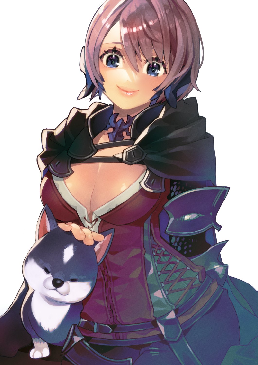 1girl armor au_ra black_cape breasts cape cleavage clive_rosfield clive_rosfield_(cosplay) cosplay dog final_fantasy final_fantasy_xiv final_fantasy_xvi headpat highres horns in-franchise_crossover kuzuno_ha large_breasts petting pink_hair puppy simple_background smile tied_drawstring torgal_(ff16) warrior_of_light_(ff14)