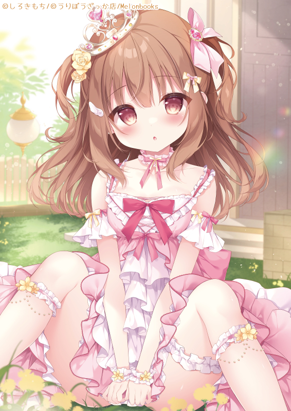 1girl :o bow brown_eyes brown_hair dress flower hair_bow hair_flower hair_ornament looking_at_viewer melonbooks open_mouth original pink_bow pink_dress shirosei_mochi solo tagme tiara two_side_up variant_set wing_hair_ornament yellow_bow yellow_flower