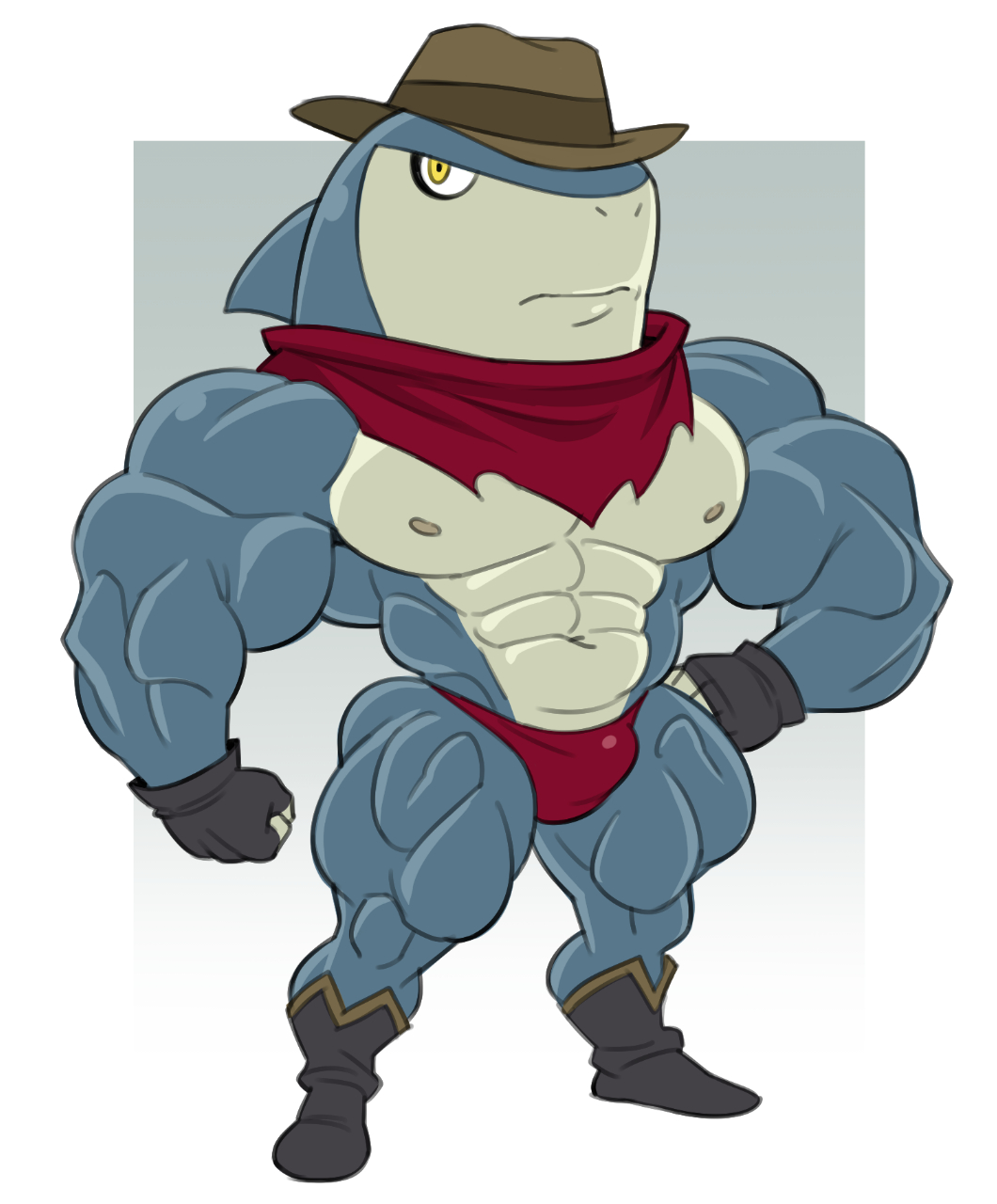 2023 abs analon_(artist) anthro boots clothing fedora fish footwear gloves handwear hat headgear headwear hi_res indiana_jaws_(yo-kai_watch) kerchief level-5 male marine muscular muscular_anthro muscular_male neckerchief nipples pecs shark solo speedo swimwear yo-kai_watch