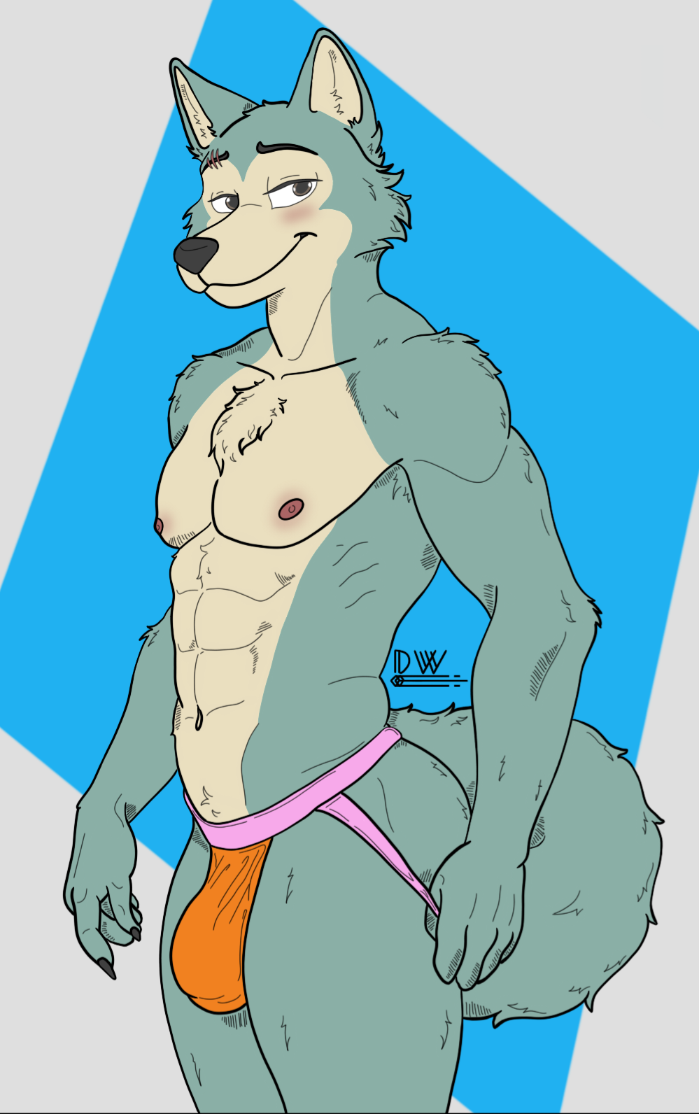 anthro beastars blush canid canine canis clothed clothing delta_dewitt digital_media_(artwork) fur hi_res jockstrap legoshi_(beastars) male mammal muscular nipples simple_background smile solo tail underwear wolf