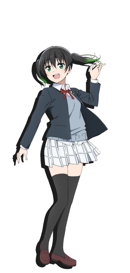 1girl black_hair black_thighhighs black_vest brown_footwear collared_shirt full_body gradient_hair green_eyes green_hair grey_vest jacket loafers long_sleeves looking_at_viewer love_live! love_live!_nijigasaki_high_school_idol_club medium_hair multicolored_hair neck_ribbon nijigasaki_academy_school_uniform official_art open_clothes open_jacket open_mouth plaid plaid_skirt pleated_skirt red_ribbon ribbon school_uniform shirt shoes sidelocks skirt solo standing standing_on_one_leg takasaki_yu teeth thighhighs transparent_background twintails upper_teeth_only vest white_skirt winter_uniform zettai_ryouiki