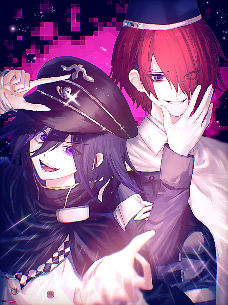 2boys cape commentary_request company_connection crossover danganronpa_(series) danganronpa_v3:_killing_harmony evil_grin evil_smile grin hair_over_one_eye hat looking_at_viewer master_detective_archives:_rain_code multiple_boys oma_kokichi purple_hair red_hair smile teruha_kurumi yomi_hellsmile
