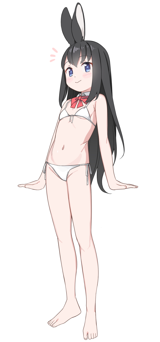 1girl animal_ears bare_arms bare_legs bare_shoulders barefoot bikini black_hair blue_eyes bow bowtie detached_collar flat_chest front-tie_bikini_top front-tie_top full_body highres light_blush long_hair looking_at_viewer navel notice_lines original rabbit_ears rabbit_girl red_bow red_bowtie saiste side-tie_bikini_bottom simple_background smile solo standing stomach string_bikini swimsuit white_background white_bikini