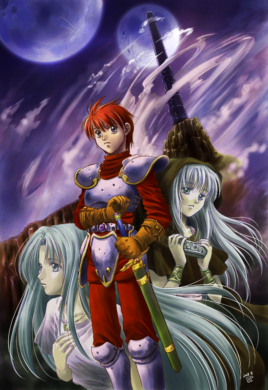 1boy 2girls adol_christin ancient_ys_vanished armor blue_eyes blue_hair bracelet dress feena_(ys) gloves harmonica holding holding_instrument instrument jewelry katagawa_kae leather leather_gloves long_hair moon multiple_girls necklace parted_bangs reah_(ys) red_hair scabbard sheath sheathed short_hair short_sleeves shoulder_armor signature tower white_dress ys