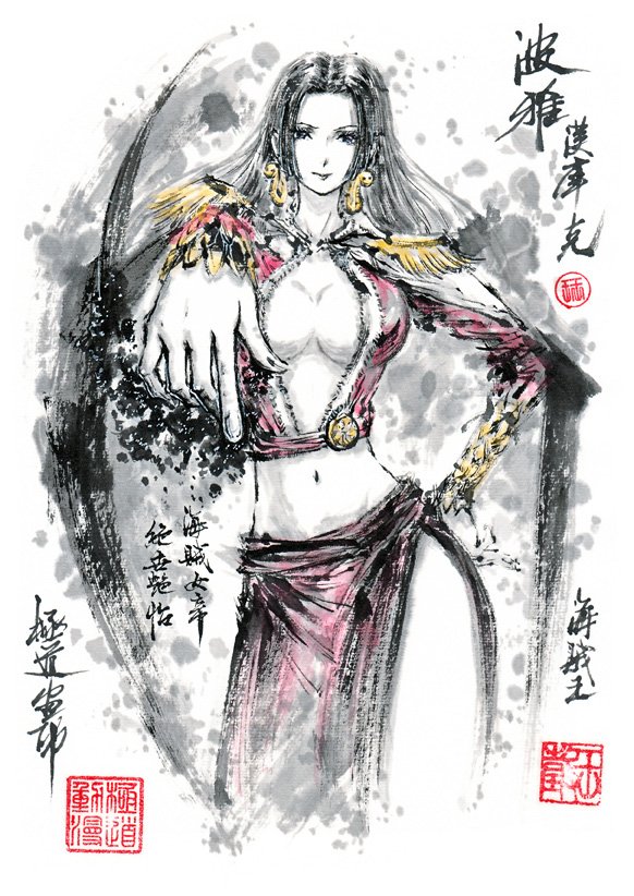 1girl arm_up boa_hancock breasts cape commentary cowboy_shot earrings epaulettes frilled_sleeves frills hand_on_own_hip jewelry jidao_huashi long_hair looking_at_viewer one_piece partially_colored plunging_neckline red_shirt red_skirt shirt side_slit skirt smile snake_earrings solo