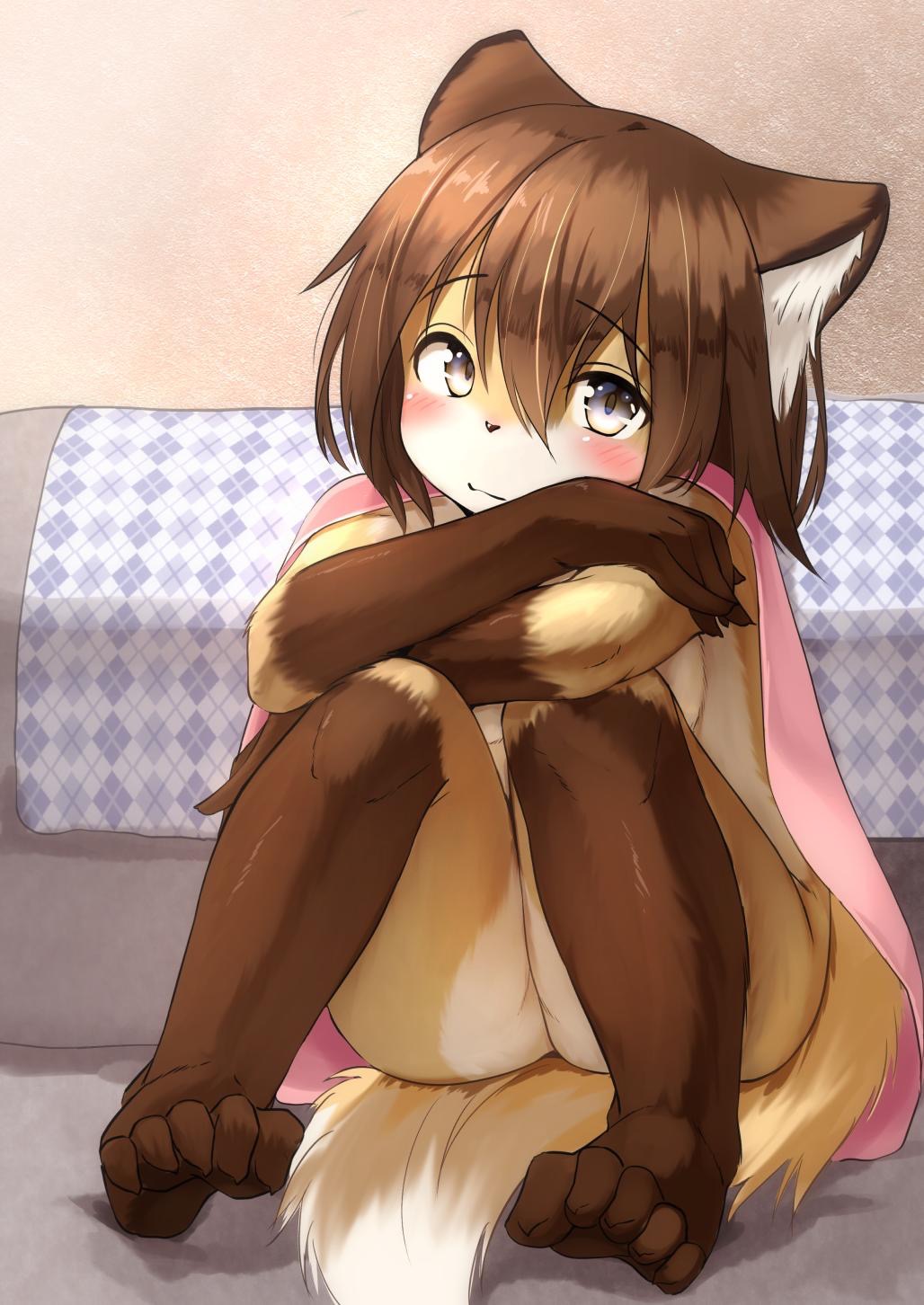 2019 5_fingers 5_toes akamu_ver20 anthro bed blush breasts brown_fur brown_hair butt canid canine cape cape_only clothing crossed_arms female fluffy fluffy_tail fox fur grey_eyes hair hi_res inside kemono looking_at_viewer mammal mostly_nude multicolored_fur short_hair sitting solo tan_fur toes white_fur