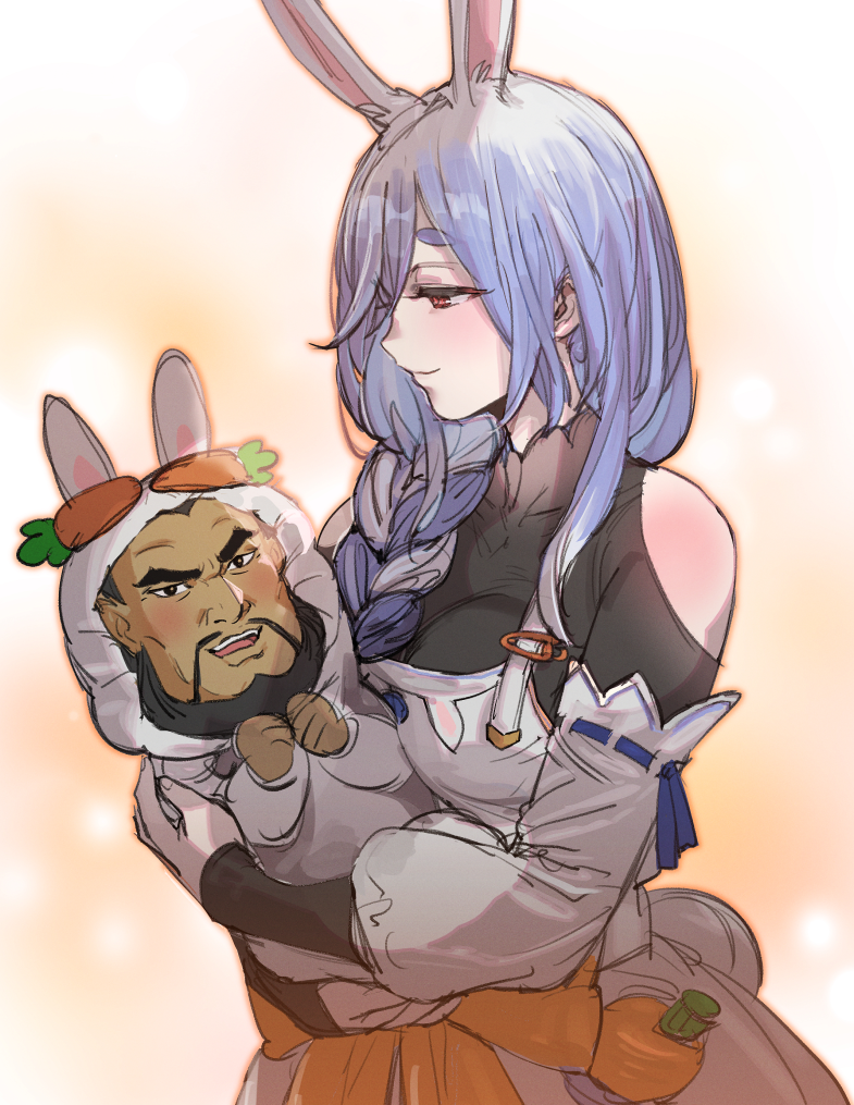 1boy 1girl animal_ears baby beard black_hair blue_hair bow_(bhp) breasts carrot carrying character_request closed_mouth commentary_request copyright_request detached_sleeves facial_hair hololive large_breasts pekomama rabbit_ears rabbit_girl red_eyes smile temari_rin thick_eyebrows virtual_youtuber white_sleeves