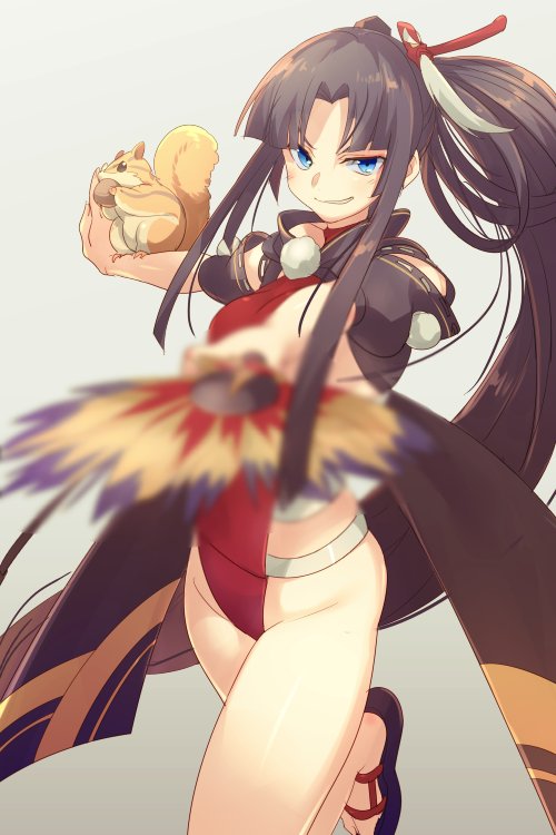 1girl black_hair black_jacket blue_eyes breasts echo_(circa) fate/grand_order fate_(series) grin hand_fan jacket long_hair looking_at_viewer mask medium_breasts one-piece_swimsuit parted_bangs red_one-piece_swimsuit sandals short_sleeves side_ponytail sidelocks smile solo squirrel swimsuit tengu_mask thighs ushiwakamaru_(fate) ushiwakamaru_(swimsuit_assassin)_(fate) ushiwakamaru_(swimsuit_assassin)_(third_ascension)_(fate) very_long_hair