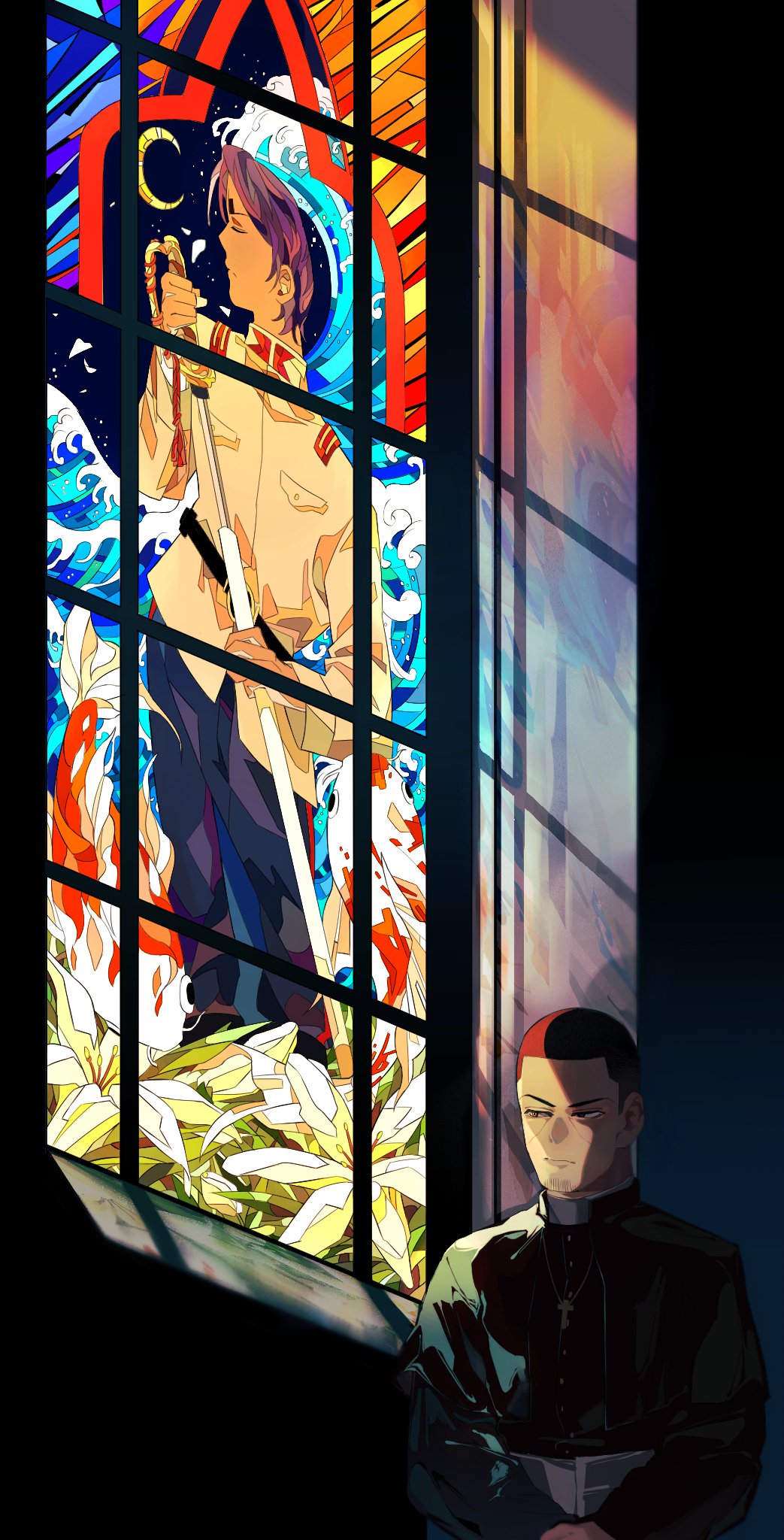 1boy buzz_cut closed_eyes crescent_moon cross cross_necklace day ddamma_7 facial_hair flower golden_kamuy highres imperial_japanese_army indoors jewelry koi koito_otonoshin long_sleeves moon necklace own_hands_together priest sheath short_hair solo stained_glass stubble tsukishima_hajime unsheathing upper_body very_short_hair waving window window_shadow