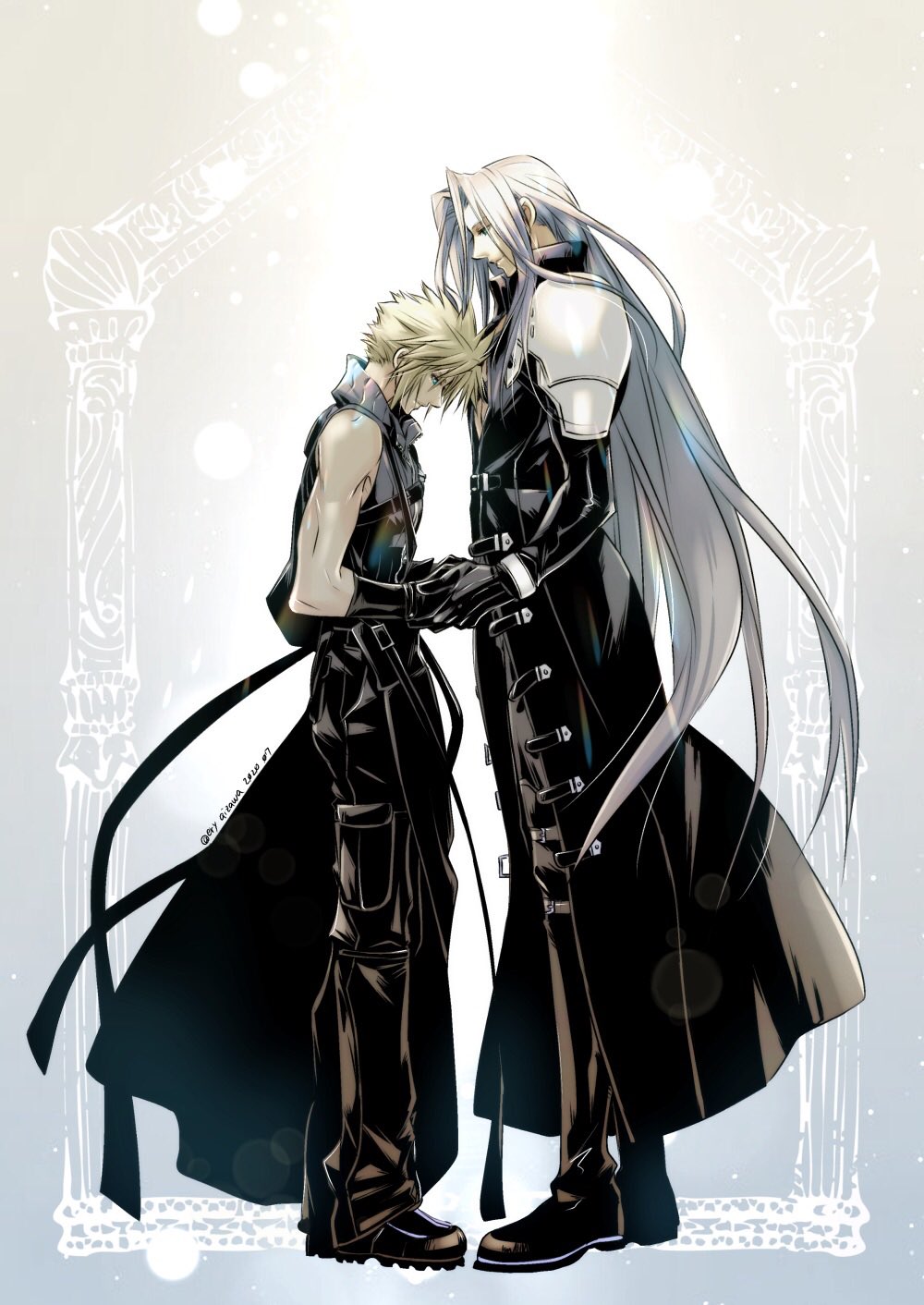 2boys aiz00 arch armor black_coat black_footwear black_gloves black_pants black_vest blonde_hair blue_eyes boots chest_strap cloud_strife coat commentary couple dated final_fantasy final_fantasy_vii final_fantasy_vii_advent_children from_side full_body gloves gradient_background grey_hair hands_up head_on_chest high_collar highres holding_hands light_particles light_smile long_bangs long_coat long_hair long_sleeves looking_down male_focus multiple_boys open_clothes open_coat pants parted_bangs pauldrons sephiroth short_hair shoulder_armor shoulder_strap spiked_hair thigh_boots very_long_hair vest waist_cape yaoi