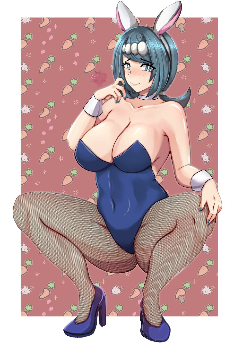 1girl animal_ears blue_eyes blue_footwear blue_hair blue_leotard blue_nails border breasts carrot_background choker covered_navel fake_animal_ears freckles full_body hair_ornament hand_on_own_knee high_heels highres lana's_mother_(pokemon) large_breasts leotard medium_hair mixed-language_commentary pantyhose pokemon red_background rinku_bny simple_background smile solo white_border white_choker wrist_cuffs