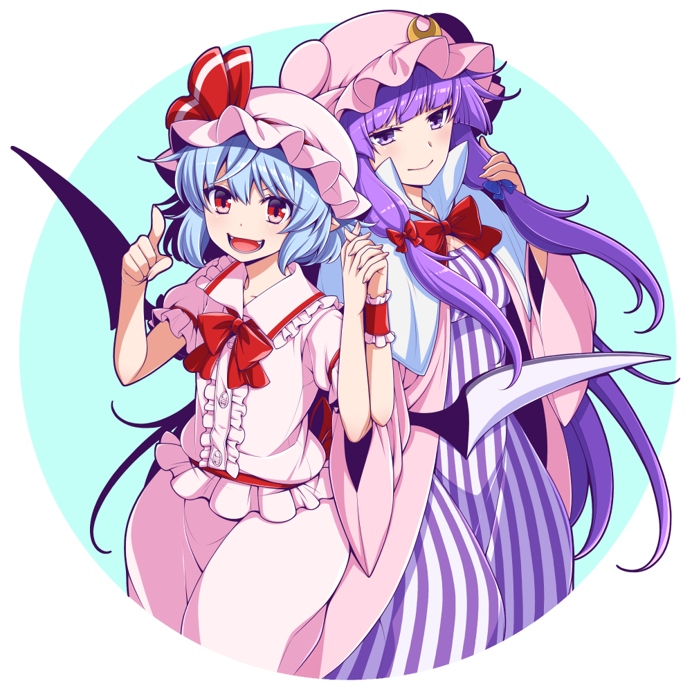 2girls bat_wings blue_background blue_hair breasts coat cowboy_shot dress eichi_yuu fangs flat_chest hat holding_hands light_blue_hair long_hair looking_at_viewer medium_breasts mob_cap multiple_girls open_mouth patchouli_knowledge pink_coat pink_hat pink_shirt pink_skirt pointing pointing_at_viewer pointy_ears purple_dress purple_eyes purple_hair red_eyes red_ribbon remilia_scarlet ribbon shirt short_hair simple_background skirt smile striped_clothes striped_dress touhou vampire white_background wings